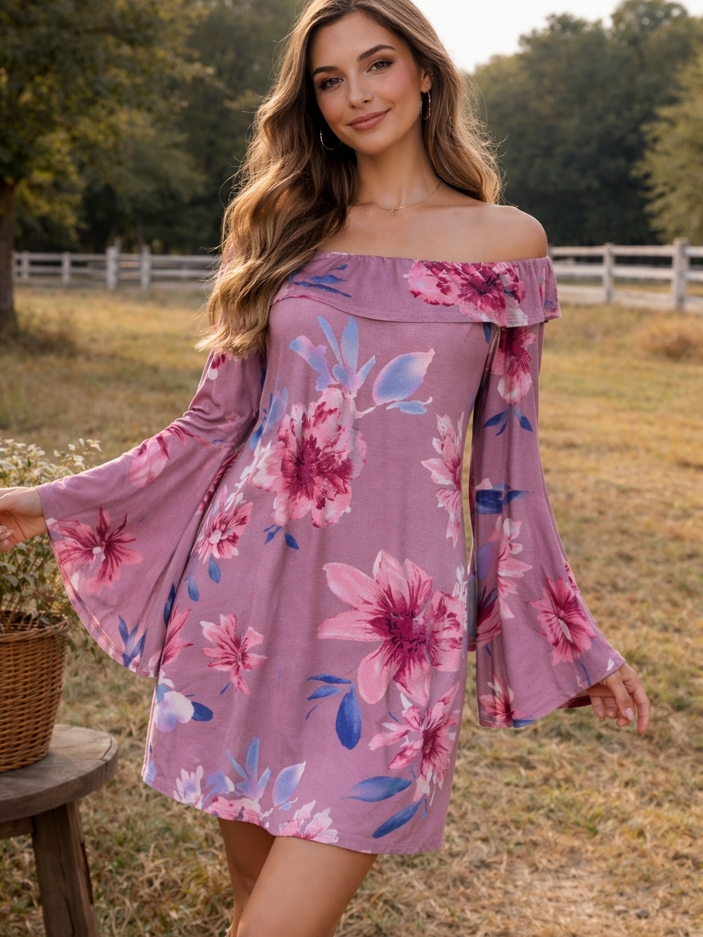 Off-Shoulder Floral Swing Dress in Mauve Pink